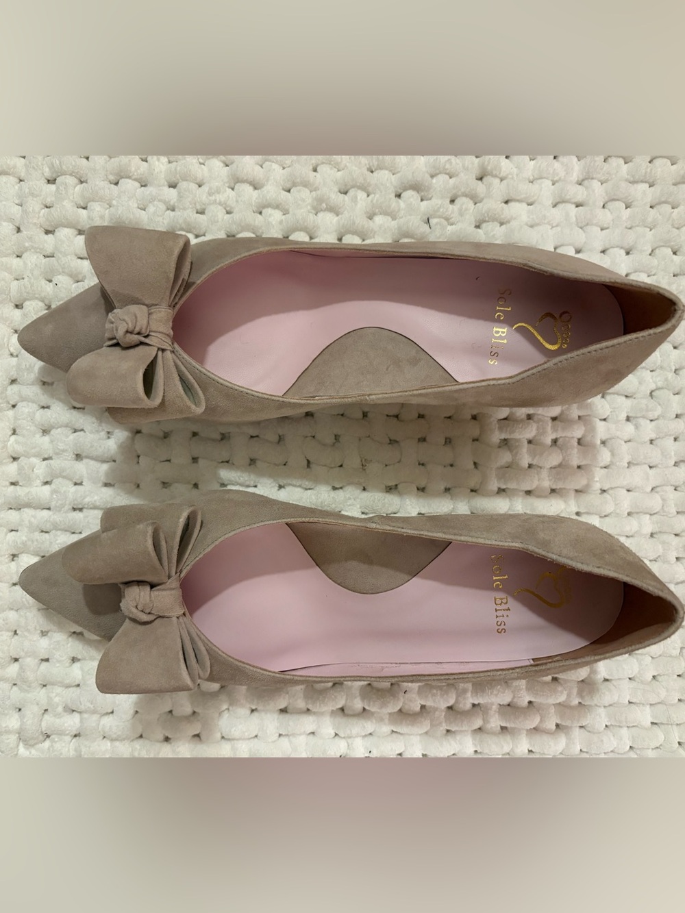 Sole Bliss Suede Light Taupe Bow Pointed-Toe Women’s Kitten Heels